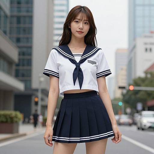 Photograph of an Asian woman with long brown hair in a Japanese schoolgirl outfit (white sailor top, black skirt) standing on a city street with