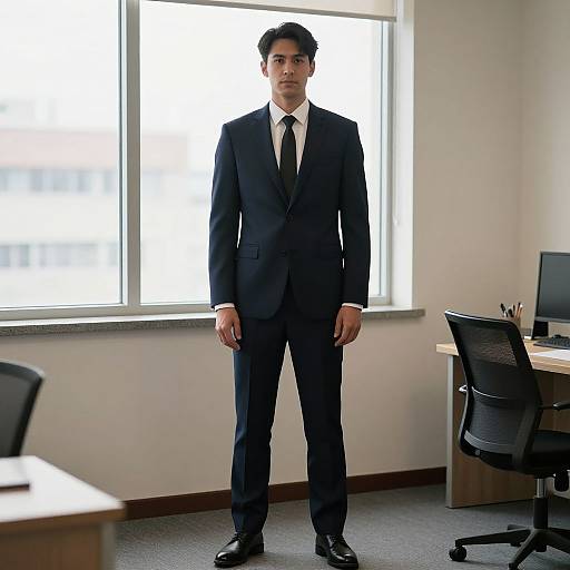 Photograph of a young South Asian man in a black suit, white shirt, and black tie standing in a bright office with large window, black chair