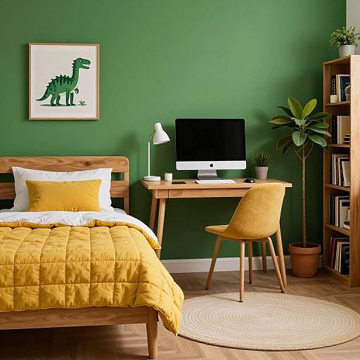 Cozy modern bedroom with green wall, wooden bed, yellow quilt, yellow chair, desk with Mac, white lamp, potted plant, bookshelf