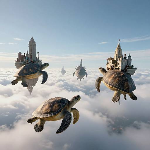 Photorealistic CGI of three turtles with detailed shells flying above fluffy clouds, surrounded by floating, classic-style city buildings in a bright blue sky.