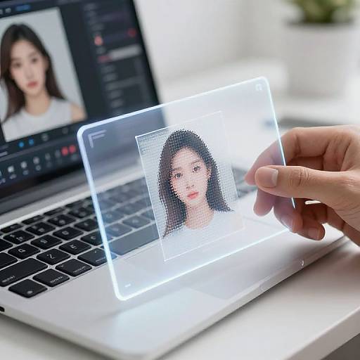 Photograph of a hand holding a glowing, digital portrait of an Asian woman with long black hair, displayed on a laptop screen.