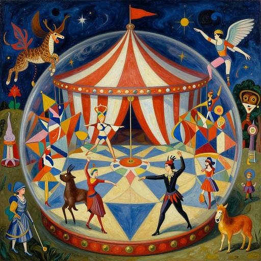 Whimsical circus scene in a glass dome, featuring colorful clowns, acrobats, animals, and performers under a striped tent at night.