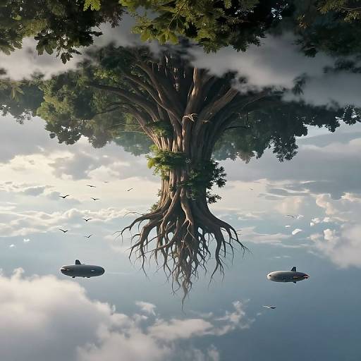 Fantastical digital art of a massive tree with sprawling roots mirrored in a reflective sky, surrounded by floating zeppelins and birds.