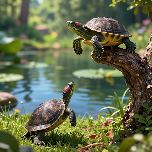 Photograph of two vividly colored turtles with red markings, one climbing a tree branch, the other on grass, beside a sunlit, lily