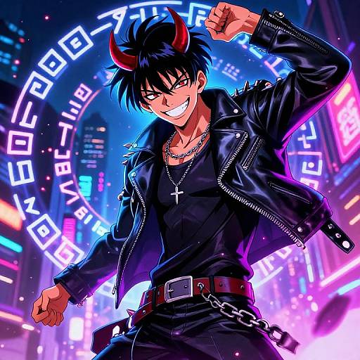 Anime-style digital artwork of a grinning, black-haired demon boy with red horns, wearing a black leather jacket and necklace, fist raised, neon city