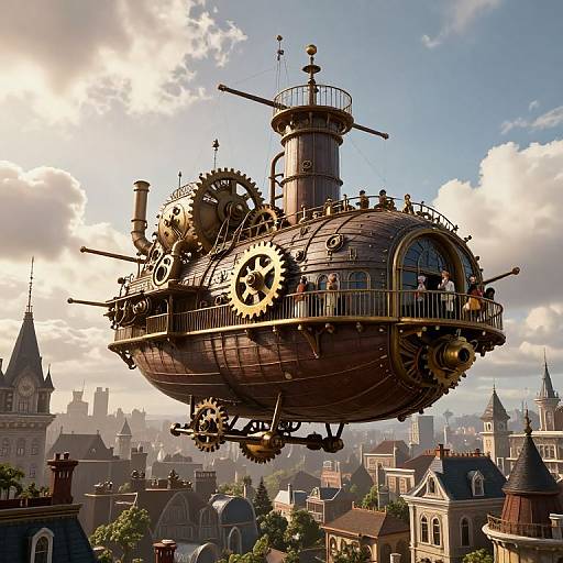 Steampunk airship with intricate gears and brass details floats above a medieval-style cityscape, under a bright, partly cloudy sky. Digital art.