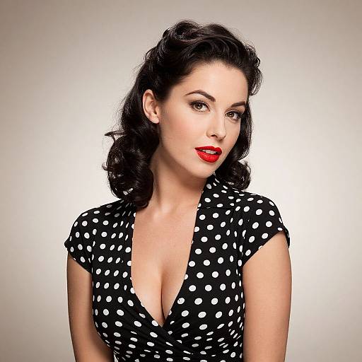 Vintage-style photograph of a fair-skinned woman with dark, wavy hair, wearing a black polka dot dress with a deep V-neck, and