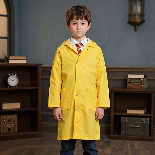 Photograph of a young boy with brown hair, wearing a bright yellow raincoat, white shirt, and red tie, standing in a dimly lit