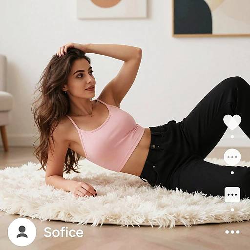 Photograph of a woman with long brown hair, wearing a pink crop top and black pants, lounging on a white fluffy rug in a bright,