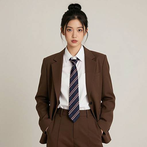 Photograph of an Asian woman with black hair in a bun, wearing a brown suit, white shirt, and striped navy tie, standing against a plain