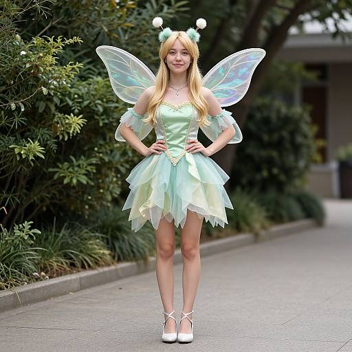 Photograph of a blonde woman in a fairy costume with iridescent wings, green and white dress, white heels, standing on a suburban street with