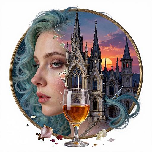 Digital artwork: Blue-haired woman with torn features, gazes right; Gothic cathedral sunset background; glass of amber wine in foreground.