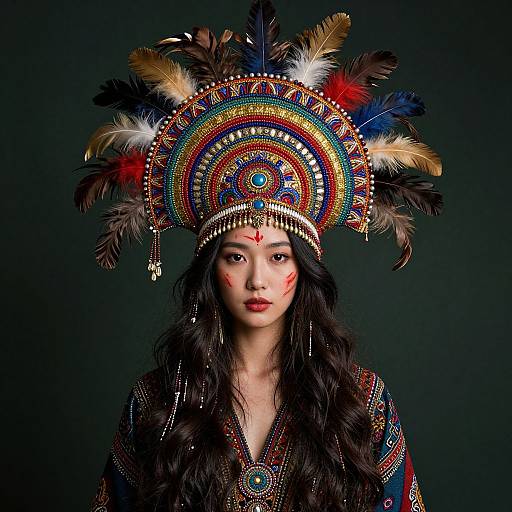 Photograph of an Asian woman with long black hair, wearing a colorful, ornate headdress adorned with feathers and beads, and a detailed, pattern