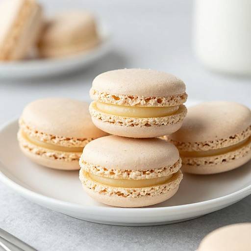 Photograph of five stacked, beige macarons with smooth, rounded tops and visible sandwiched filling on a white plate. Blurred background with more
