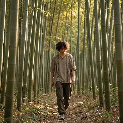 Photograph of a curly-haired man with medium build, wearing a loose gray shirt and brown pants, walking through a sunlit bamboo forest.