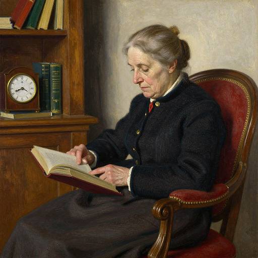 Photorealistic painting of an elderly woman with gray hair, wearing a black dress, reading a book in a wooden study.