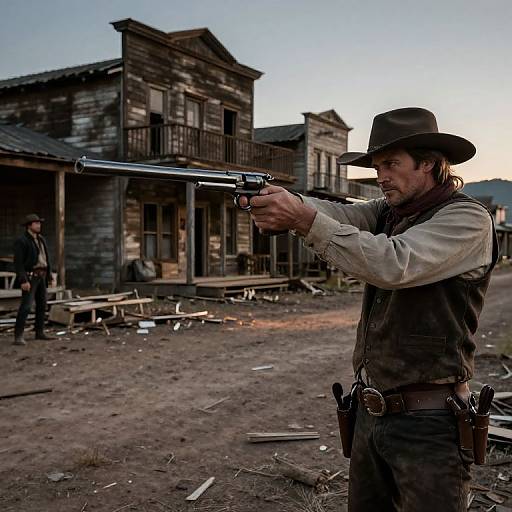 Photograph of a rugged, bearded man in cowboy hat and vest, aiming a revolver at an old Western town with two wooden buildings and a second