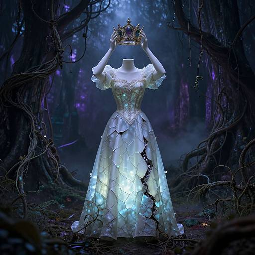Photograph of a glowing, ethereal white ball gown with black cracks, held by a mannequin in a dark, enchanted forest, wearing a