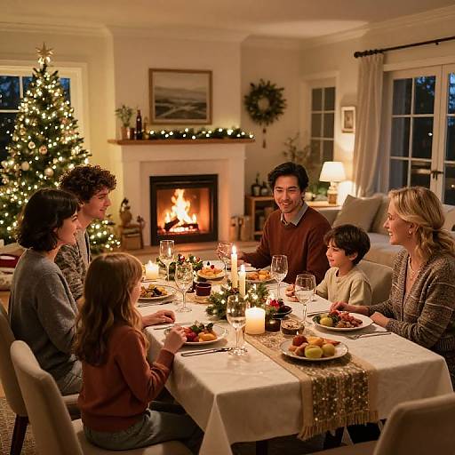 Photograph of a cozy, warmly lit Christmas dinner with a family of six around a decorated table, laughing and enjoying festive food by a roaring fireplace.