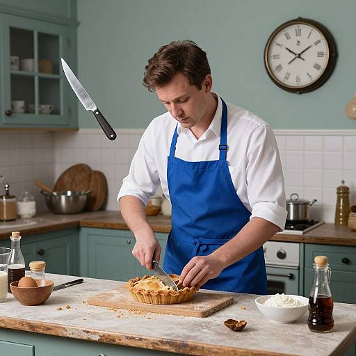 Photograph of a male chef slicing a pie in a teal kitchen, wearing a white shirt and blue apron, with a flying knife, clock,