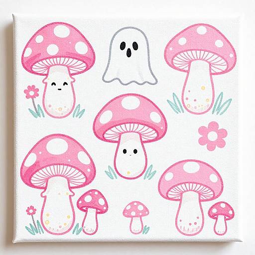 Whimsical digital drawing of pink-spotted mushrooms with cute black eyes, a ghost, and small flowers on a white background.