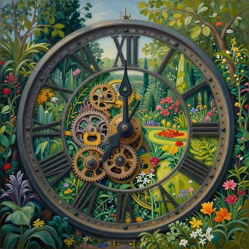 Fantasy clock illustration with intricate gears, Roman numerals, surrounded by vibrant, colorful flowers and lush greenery, blending steampunk and nature.