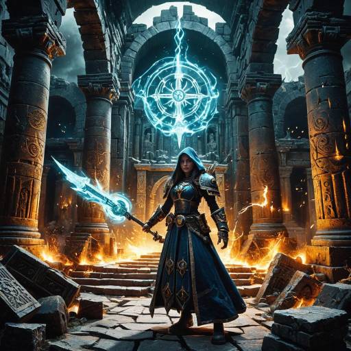 Epic Sorceress in Ancient Ruins with Elemental Magic