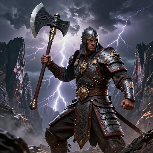 Muscular Viking warrior in dark armor with silver accents, holding a large double-headed axe, stands amidst a lightning-filled stormy landscape.