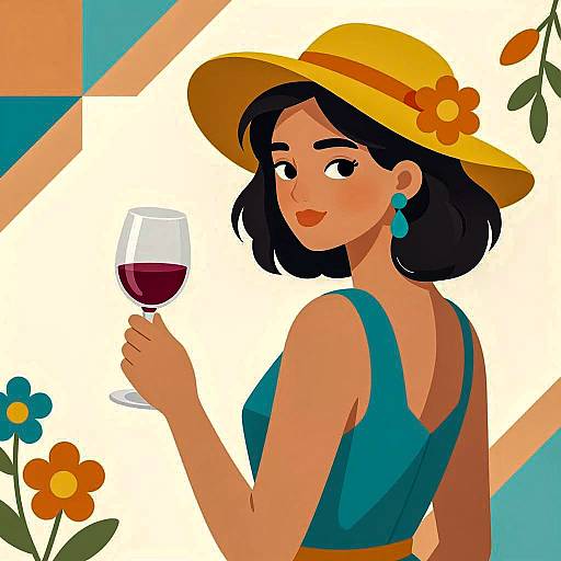 Woman in Yellow Hat Holding Red Wine