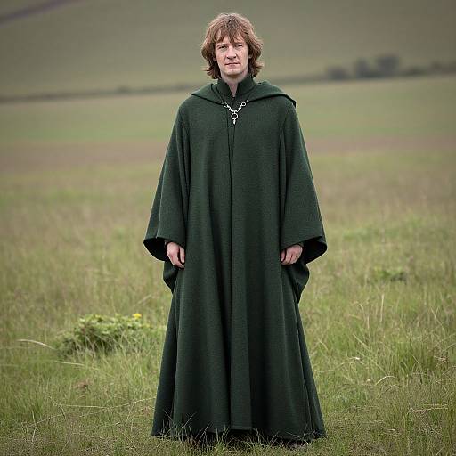 Photograph of a young man with messy brown hair, wearing a black, hooded medieval robe, standing in a grassy field with blurred hills in