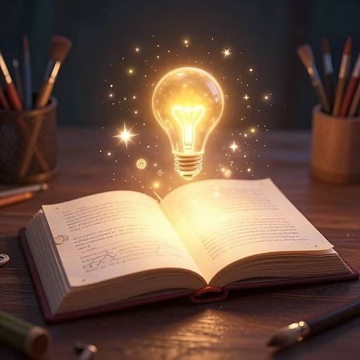 Photograph of an open book glowing with a bright, magical light bulb above it, surrounded by sparkles, on a wooden table with pens and pencils