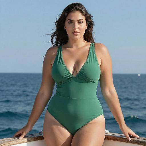 Curvy Woman in Green Swimsuit on Boat