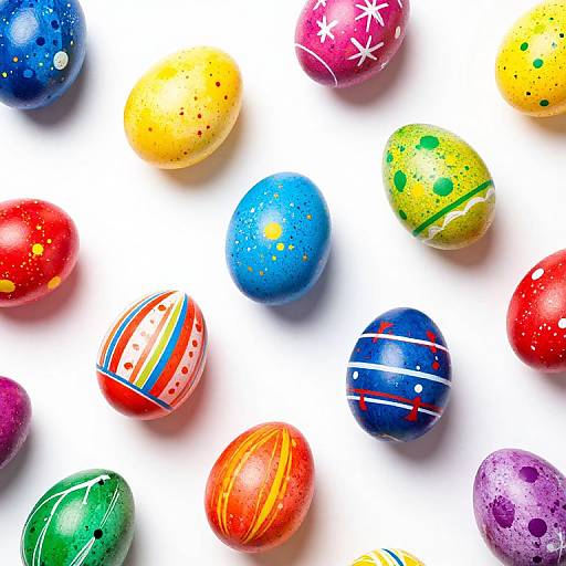 Colorful Easter eggs with vibrant patterns and speckles, arranged randomly on a white background. Photograph highlighting bright blues, reds, yellows,