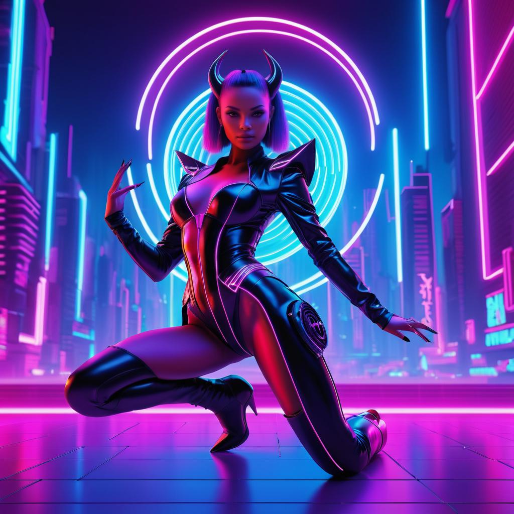 Dynamic Female Demon in Neon Paradise