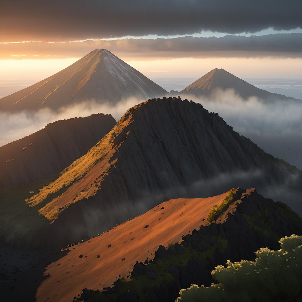 Dawn at a Volcanic Summit with Mist