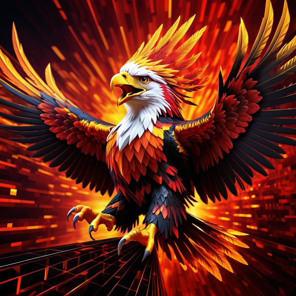 Dynamic 3D Eagle Emerges from Pixelated Fire