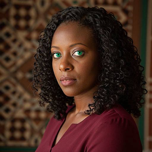Photograph of a dark-skinned woman with curly black hair, green eyes, and wearing a maroon top, against a patterned background.