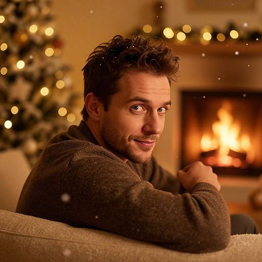 Photograph of a smiling, dark-haired man in a brown sweater, seated by a warmly lit fireplace with a decorated Christmas tree in the background.