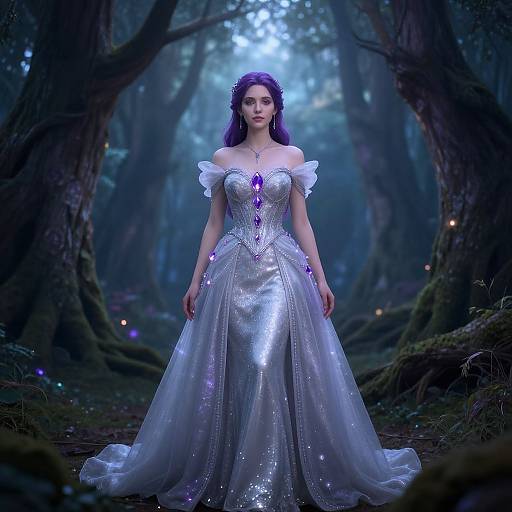 Digital artwork of a fair-skinned woman with purple hair in a silver, off-shoulder, glittering gown with purple gem accents, standing in