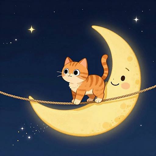 Cute orange tabby kitten with large eyes and striped fur stands on a smiling yellow crescent moon, crossing a rope, in a dark starry