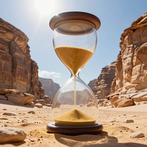 Photograph of an hourglass filled with golden sand, set in a sunlit, rocky desert canyon with towering, sunlit cliffs.