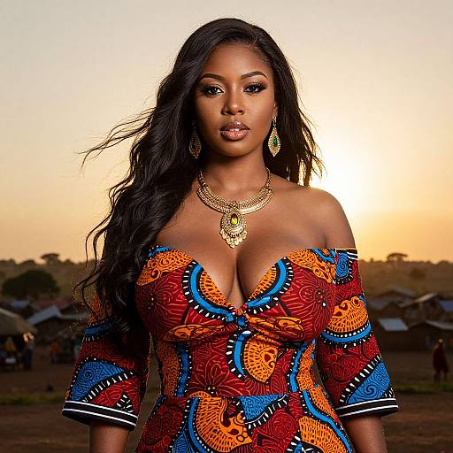 Photograph of a beautiful Black woman with long black hair, wearing a vibrant, off-the-shoulder, African-patterned dress and gold jewelry,
