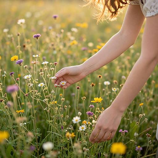 Photograph of a woman's slender, fair-skinned arms gently touching vibrant wildflowers in a sunlit meadow, with yellow, white, and