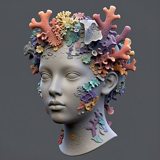 3D digital sculpture of a gray, featureless face adorned with colorful coral and sea anemone-like ornaments, set against a dark gray background.