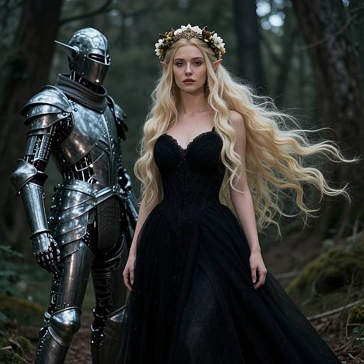 Photograph-style digital art of a blonde, elven woman in a black lace gown and floral crown, standing in a forest beside a silver-armored