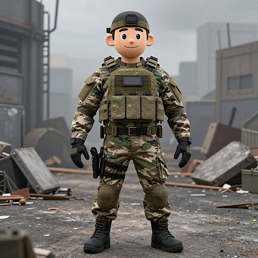 Cartoon-style soldier in camouflage uniform, tactical vest, and black gloves stands in a post-apocalyptic, urban, debris-filled background. CGI image.