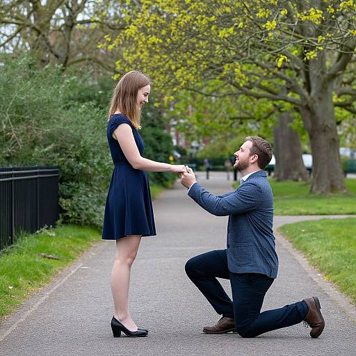Photograph of a bearded man kneeling on a park path, holding hands with a smiling woman in a black dress and heels, surrounded by green trees