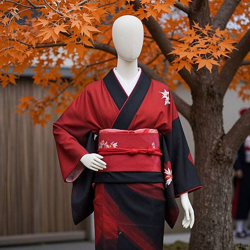 Photograph of a white mannequin wearing a red and black Japanese kimono with floral embroidery, standing in front of an orange autumn tree.