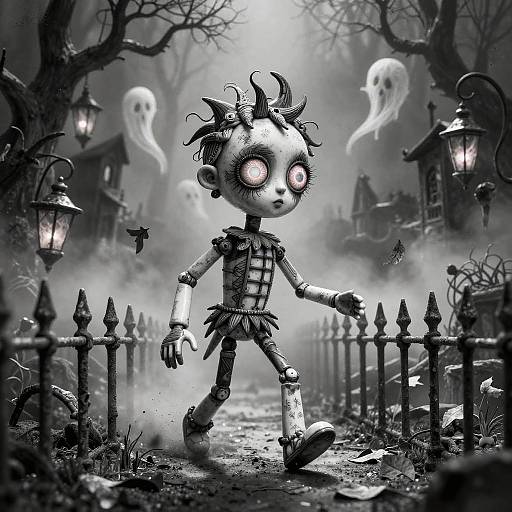 Digital artwork: creepy, skeletal, glowing-eyed doll in ragged clothes walks through foggy, haunted graveyard with ghostly figures and lanterns.
