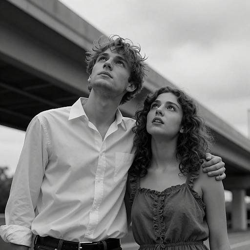 Black and White Portrait of Couple Under Overpass